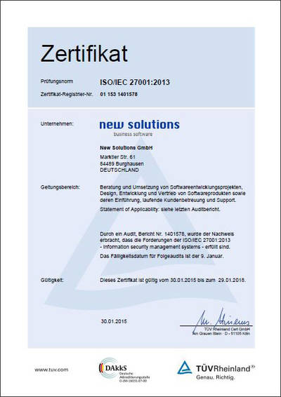 Zertifizierung der New Solutions GmbH nach der  ISO/IEC-Norm 27001:2013.